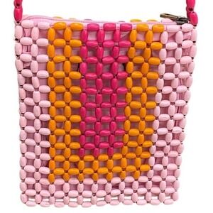 Lulu Beaded Crossbody Bag, Purse, Pink Orange, wooden Handmade